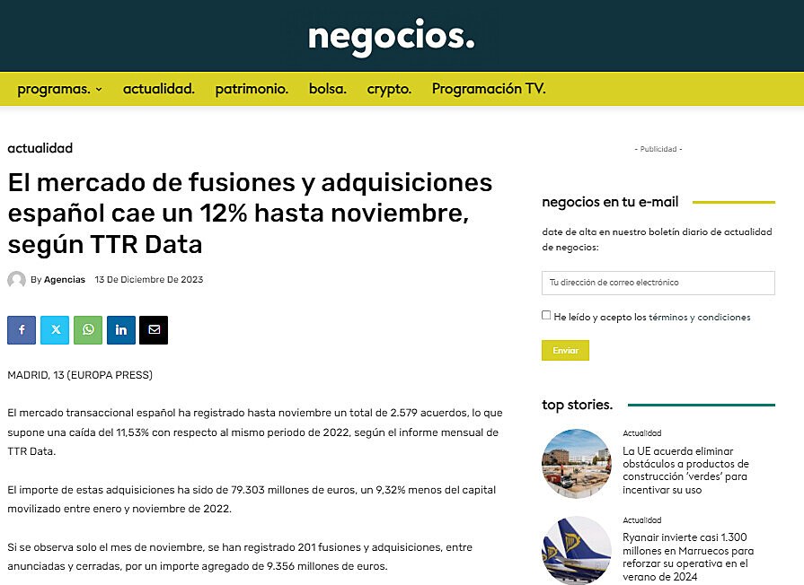 El mercado de fusiones y adquisiciones espaol cae un 12% hasta noviembre, segn TTR Data